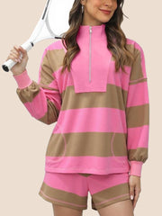 Women's 2 Piece Striped Long Sleeve Quarter Zip Lounge Set (Buy 2 Free Shipping)