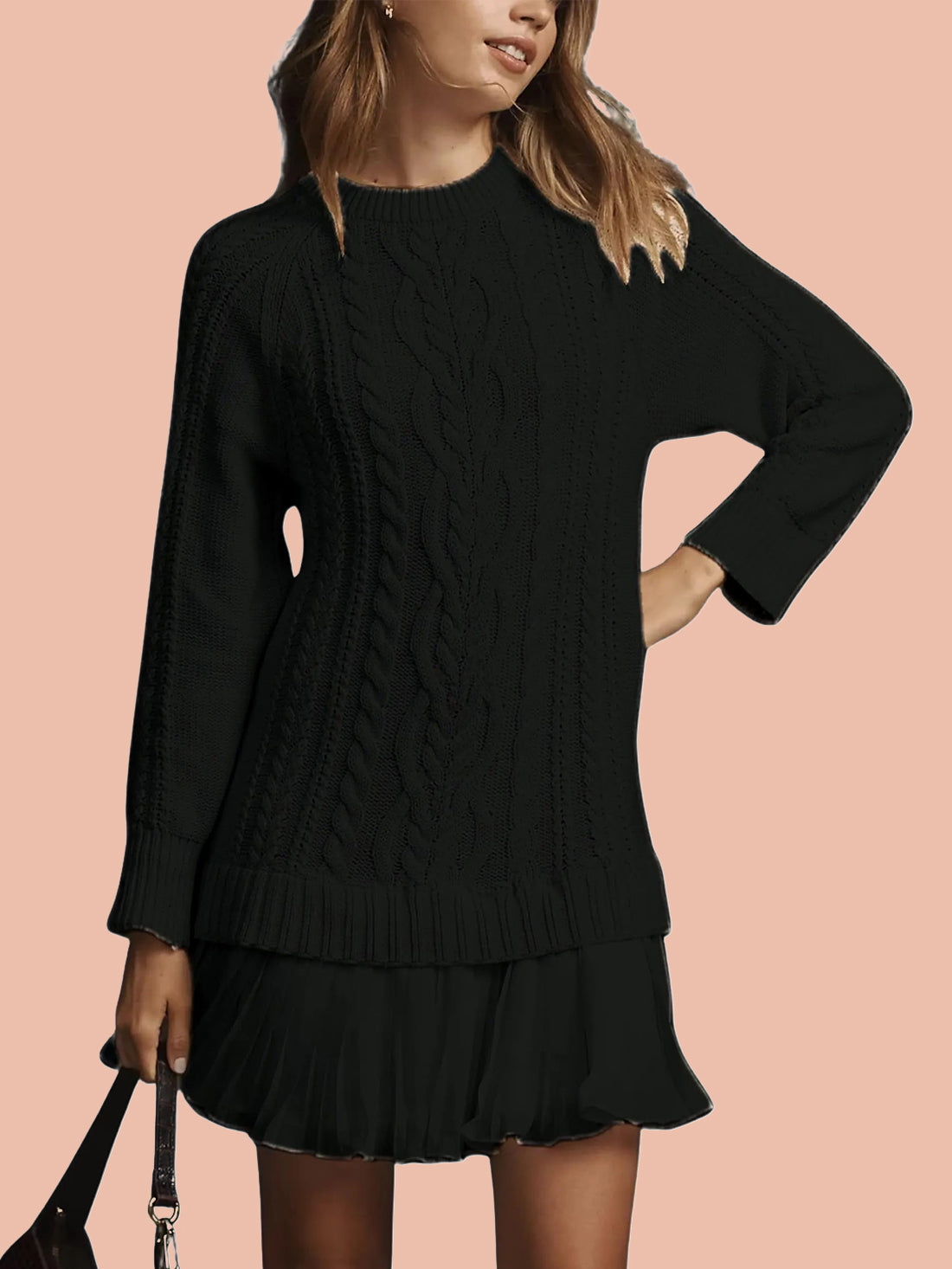 Women's Crewneck Cable Knit Sweater Mini Dress (Buy 2 Free Shipping)
