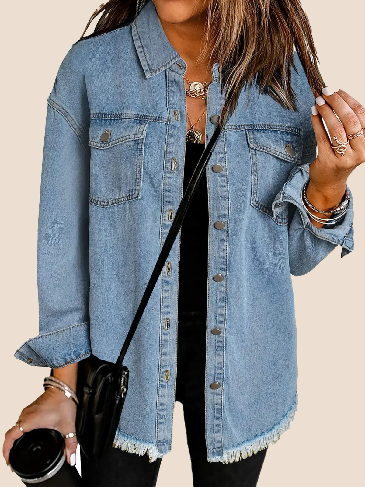 Women's Button Down Raw Edge Denim Jacket (Buy 2 Free Shipping)