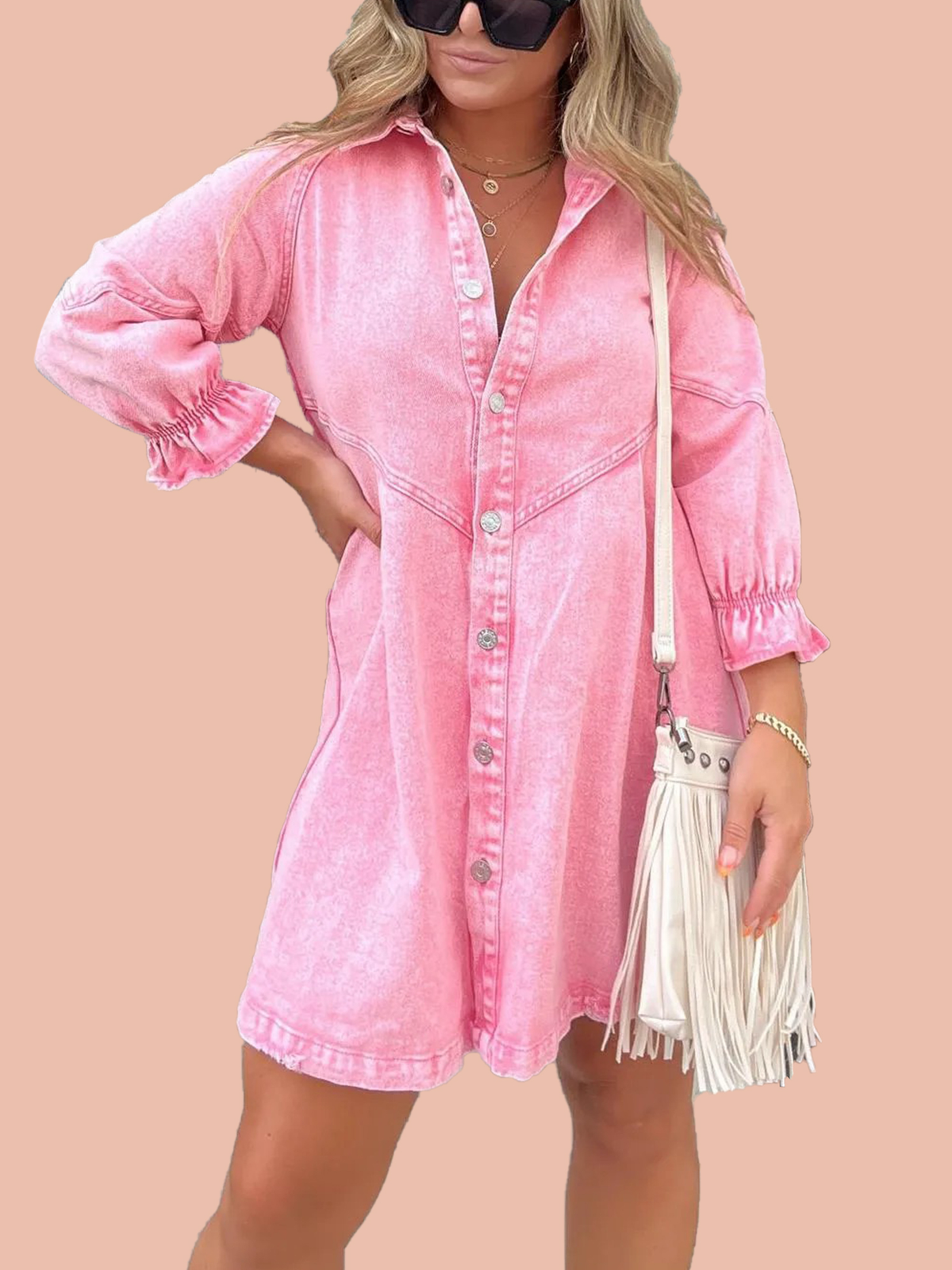 Button Denim Bubble Sleeve Dress (Buy 2 Free Shipping)