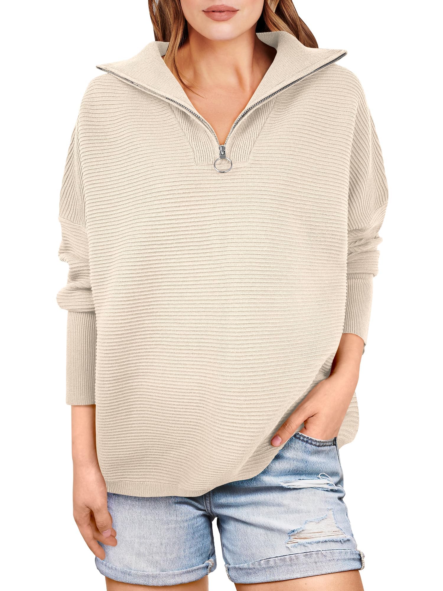 Women's Quarter Zip Rib Knit Cozy Pullover Sweaters  (Buy 2 Free Shipping)
