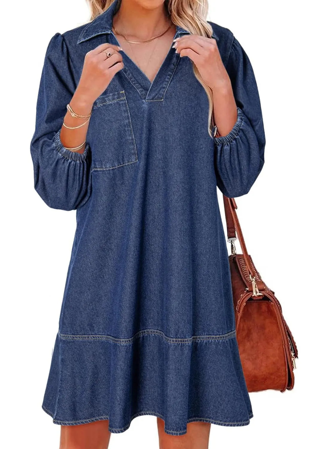 Women's V-Neck Puff Sleeve Denim Layered Dress (Buy 2 Free Shipping) –  Healvent